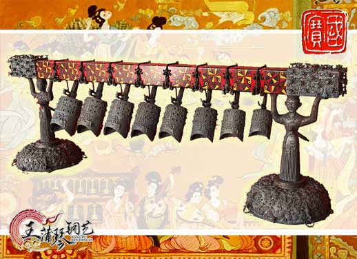 8件古編鐘，銅人銅座裝飾，可發(fā)音